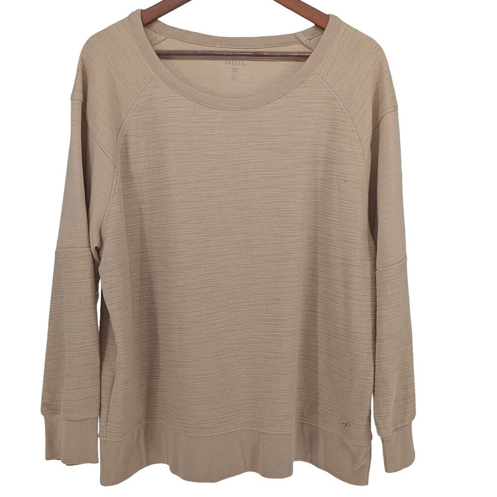 Freely Waffle Knit Pullover Top XL Beige Long Sleeve Relaxed Athleisure Lounge